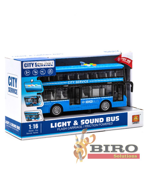 Autobus cu inertie "Double-Decker" albastru (lumini,sunete)